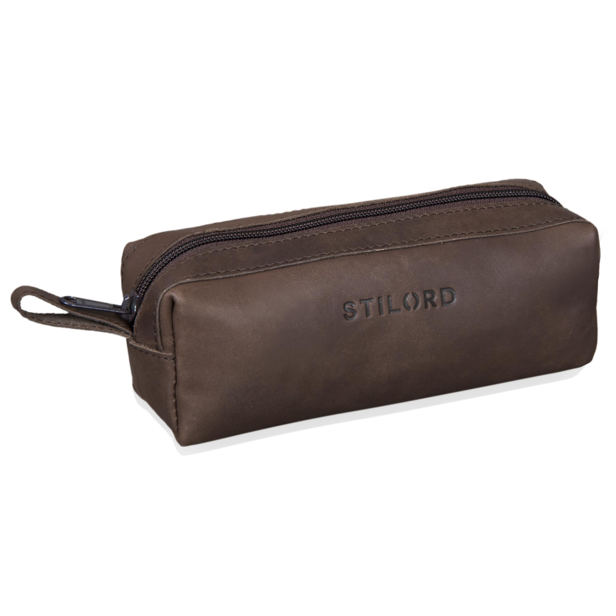 STILORD "Linus" Pencil Case Leather Pen Case Pouch Office University College Women Men Stationary Vintage Leather Colour:Flat Dark Brown