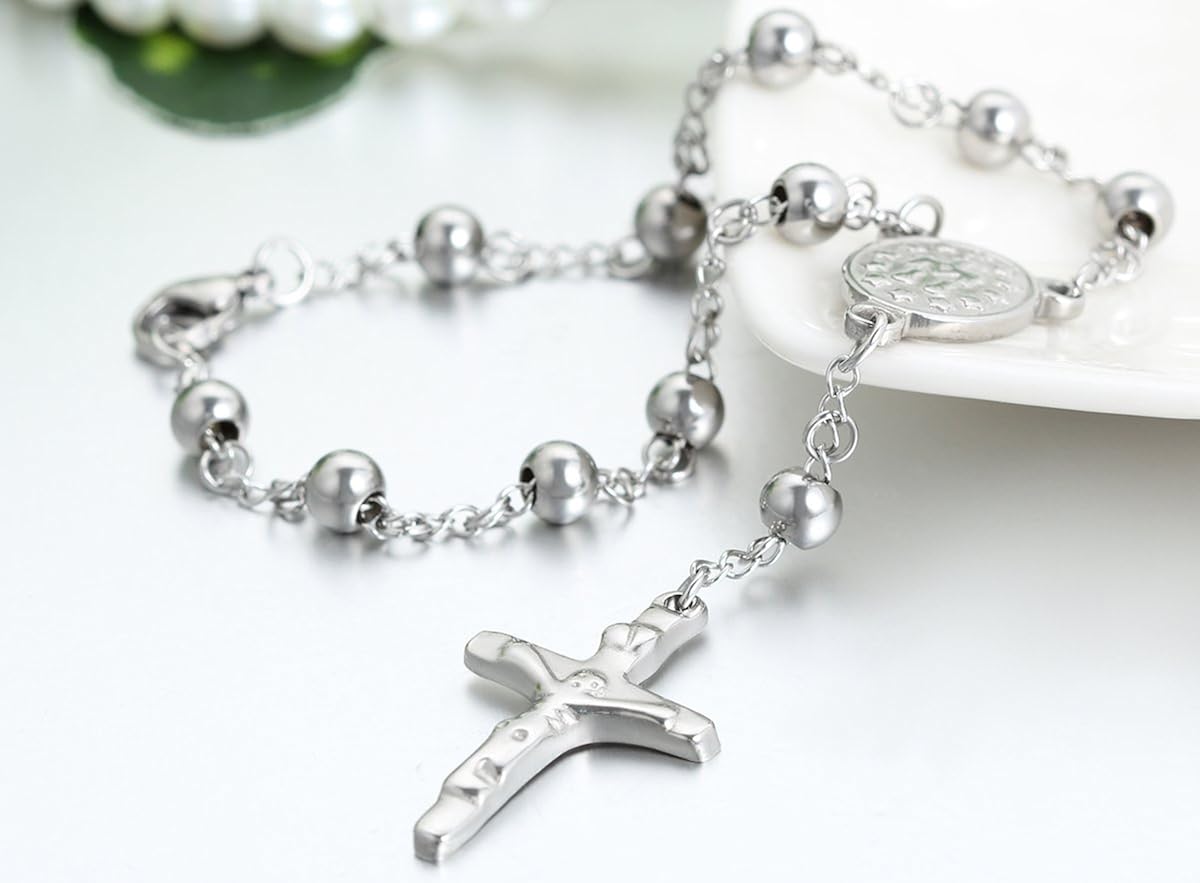 JewelryWe Men Women's Stainless Steel Religious Catholic Rosary Beads Chain Bracelet with Crucifix Cross and Medal, Silver - Image 3
