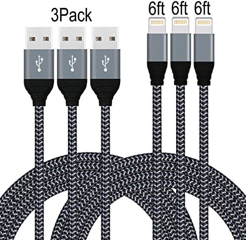 Frieso 3PACK 6FT Lightning Cable Nylon Extra Long USB Cord Charging Cable for iPhone7,7plus,SE,6s,6s plus,6plus,6,5s 5c 5,iPad Mini,Air,iPad5,iPod (Gray Black).