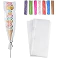 Tendwarm 100 Pcs 3x11 Inch Clear Long Cello Cellophane Treat Bags with 7 Mix Colors Twist Ties Perfect for Birthday Favor Candles Pretzel Icy Candy Popsicle