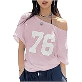 Verdusa Women's Off The Shoulder Letter Graphic Tees Shirts Jersey Short Sleeve Summer Tee Tops