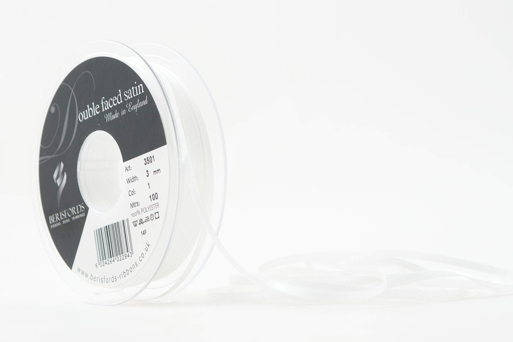 Berisfords Double Faced Satin Ribbon, White, 3 mm Width, 100 metre Length