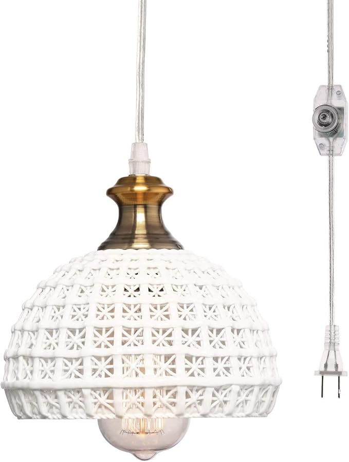 HMVPL Ceramic Plug in Pendant Light Fixture, Unique Swag Ceiling Lamp