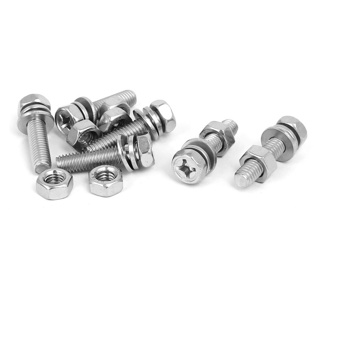 Sourcingmap M6 x 25mm 304 Stainless Steel Phillips Hex Head Bolts Nuts w Washers 6 Sets