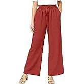 Wide Leg Linen Pants for Women Trendy Drawstring with Pockets Waist Flowy Lounge Pant Loose Fit Dressy Palazzo Trousers