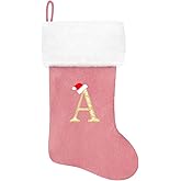 Eoocan 20 Inches Monogram Christmas Stockings Pink Velvet with White Super Soft Plush Cuff Embroidered Xmas Stockings Classic Personalized Stocking Decorations for Family Holiday Season Decor(A)