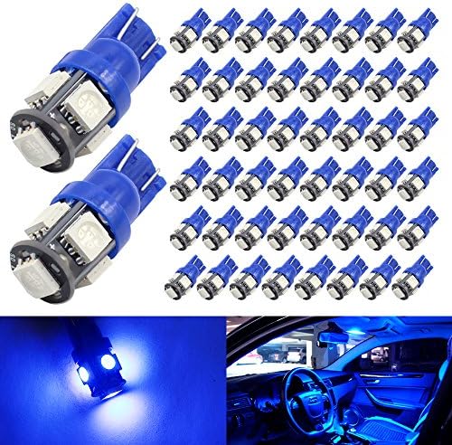 Boodled 50-Pack 194 192 Blue LED Bulb 12V,120LM 6000k Car Interior and Exterior T10 5SMD 5050 Chips Replacement For W5W 168 2825 Map Dome Courtesy License Plate Side Marker Lights (50xH-T10-5050-5-B)
