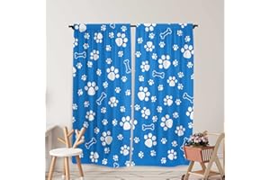 Yilinata Blue Paw Print Window Curtains for Boys Room Puppy Bones Curtain for Kids Living Room Bedroom Nursery Toddler Home Rod Pocket Drapes Decor Durable Fabric 82 in x 84 in