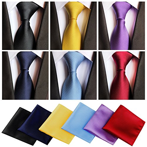 Lot 6 Pcs Mens Ties and 6 Free Matching Pocket Squares, Men's Classic Tie Necktie Woven Jacquard Neck Ties Gift box packing (6+6 style 01)