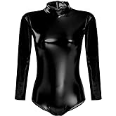 ODIZLI Women Shiny Metallic Long Sleeve Leotard Mock Turtleneck One Piece Bodysuit for Gymnastics Ballet Dance