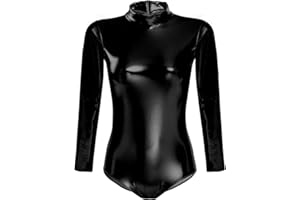 ABAFIP Women Metallic Liquid Shiny Long Sleeve Gymnastic Ballet Dance Leotard Bodysuit Faux Leather Stage Dancewear Costume