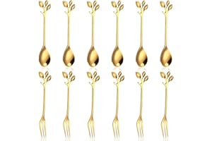 12Pcs Gold Leaf Coffee Spoon, BetterJonny Spoons and Fork Fruit Forks Stainless Steel Mini Creative Tableware for Sugar Cake 