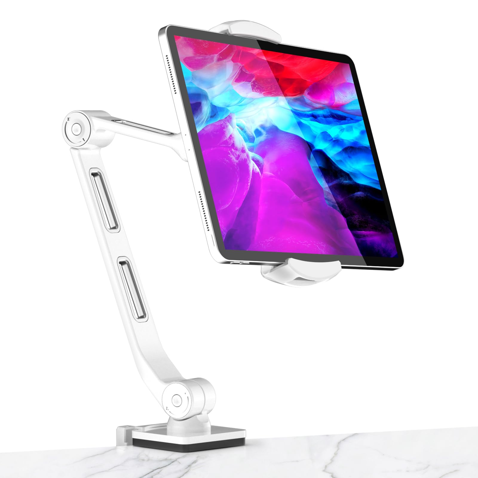 suptek Tablet Stand Long Arm - Adjustable Tablet Holder for Desk Bed Kitchen, Upgraded Aluminum Phone Stands and Holders for iPad Pro Air/Mini, Samsung Tabs, Surface, Kindle, 360° Swivel White