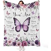 MASLEK Purple Butterfly Throw Blanket for Women, Christian Gift, 50x60 Inch | Purple butterfly reading blanket with floral Bible verse print; soft flannel throw for couch, travel, or gift for mom or wife