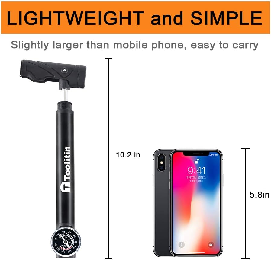 TOOLITIN Mini Bike Pump with Gauge, Accurate Inflation Portable Frame Bicycle Pump Compatible with Presta & Schrader Valve, Activated for Road, Mountain and BMX Bikes, High Pressure 100 PSI (Black) : Sports & Outdoors