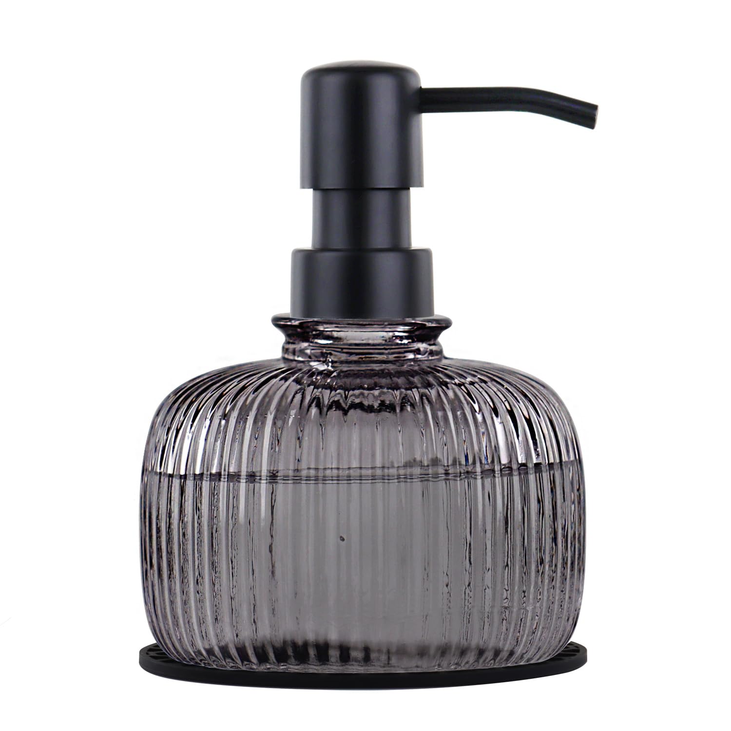 View 1 of 12 OZ Soap Dispensers with Silicone Mat, for Kitchen and Bathroom Contertop Wash Hand Liquid, Dish Detergent, Farmhouse Style Shampoo Lotion Pump (1, Grey Glass with Black, 4" x 4" x 5-1/2")