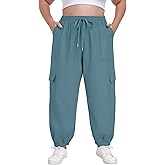 OLRIK Plus Size Cargo Pants for Women Adjustable Drawstring Joggers Casual Loose Baggy Trousers with Pockets Gray Blue-4X