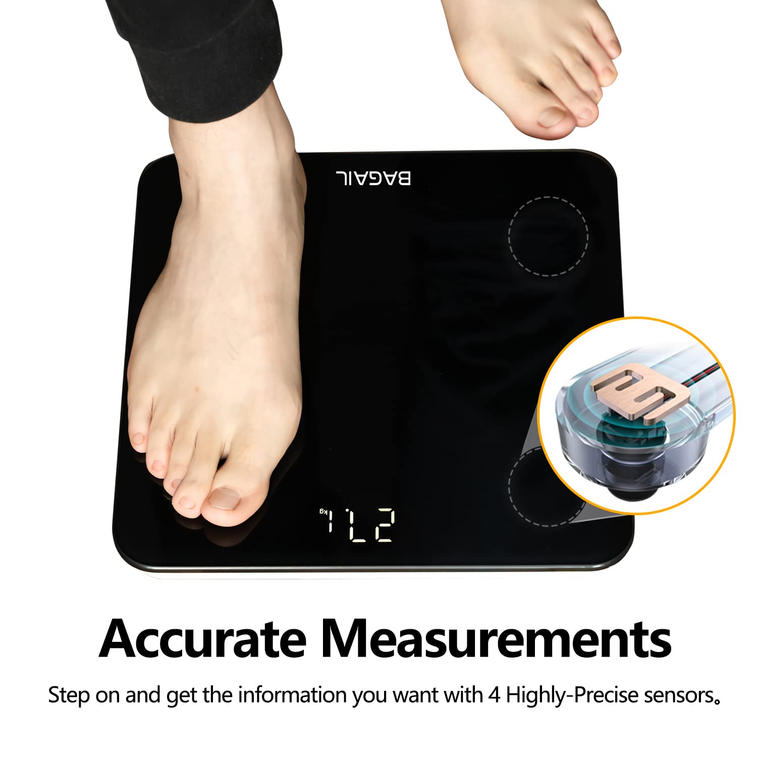 BAGAIL Bathroom Scale, Digital Weighing Scale with High Precision Sensors and Tempered Glass, Ultra Slim, Step-on Technology, Shine-Through Display - 15Yr Guarantee Black