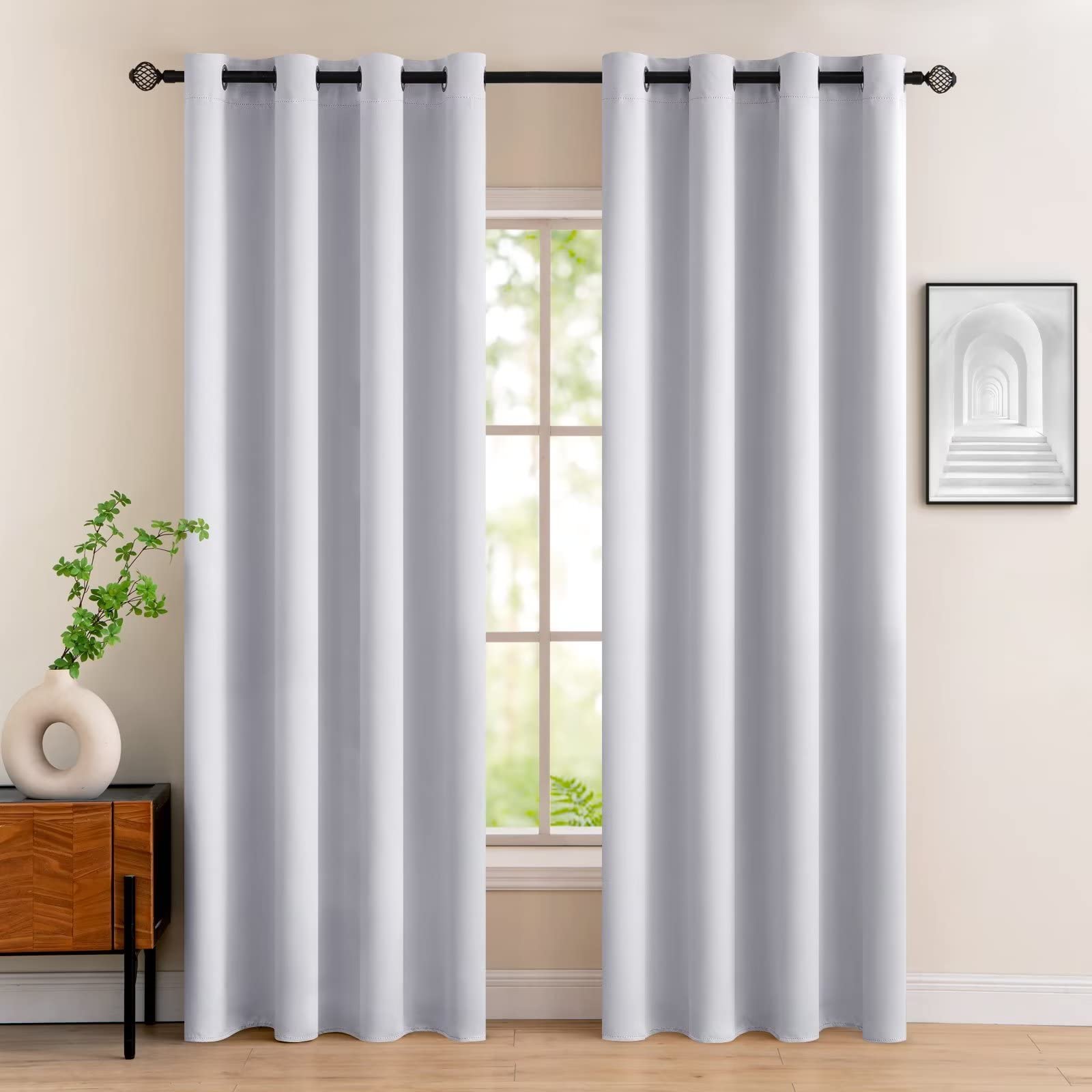 MIULEE Greyishwhite Blackout Curtains for Living Room 2 Panel Set, Premium Eyelet Curtains for Bedroom, Thermal Insulated Window Curtain Drapes, Black Out Curtain 96 Drop, Each Panel 55 x 96 Inches