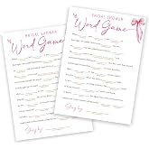 Wedding Shower Games Cards, Bridal Shower Word Game, Bridal Shower Games 25 Guests, Engagement Party Wedding Games for Guests, Pink Ribbon Bow Wedding Party Supplies - E16
