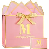 Initial Birthday Gift Bag with Card and Tissue Paper for Women/ Her, 13" Large Pink Gold Personalized Alphabet Bow Bag, Birthday Decorations for Women, Bridal Party Paper Bags for Gifts Wrapping
