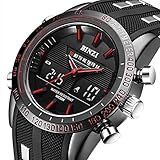 BINZI Military Waterproof Sport Watch, Casual Quartz Multifunction in Black Silicone Band