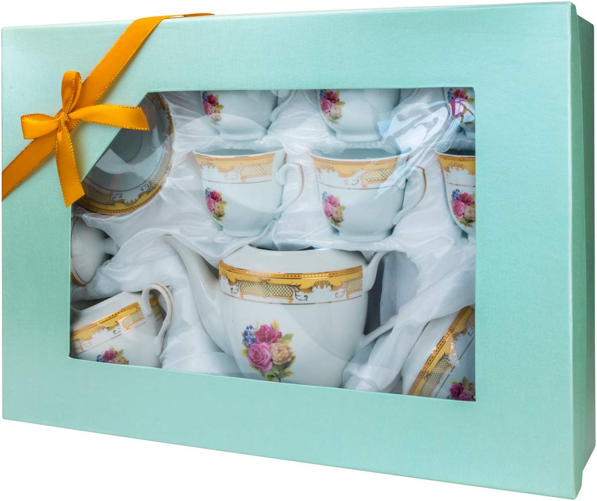 Imperial Gifts 903B-17, Porcelain Floral Gold 17 Pieces Tea Set, Serving Set, Tea Party Set