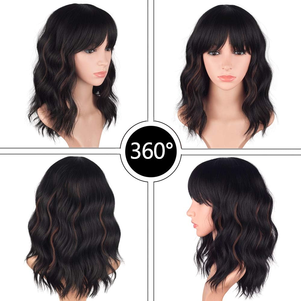 YEESHEDO Short Wavy Curly Bob Wigs with Fringe for Women Natural Hair Wig Heat Resistant Fiber for Daily Use or Cosplay Party (Black with Brown) - Image 3