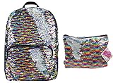 Magic Sequin! Reversible Sequin Rainbow to Silver Fashion Backpack & Matching Zip Pouch