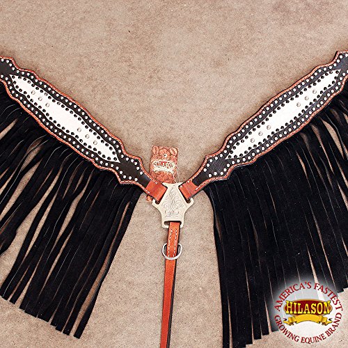 HILASON Western Horse Breast Collar Tack American Leather White Black Fringes
