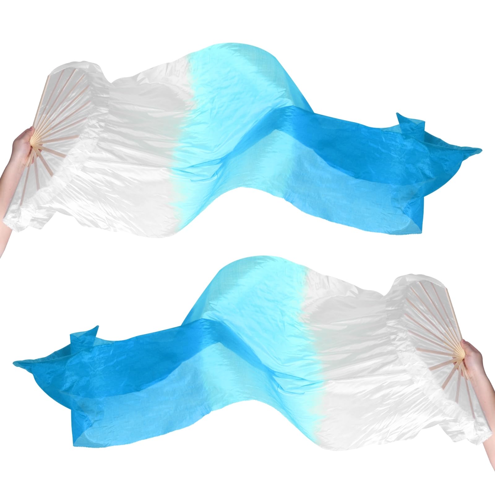 PATIKIL Belly Dance Silk Fan Veil 71", 1 Pair (Left+Right) Women Long Folding Dance Fan Wood Fan for Dance Performance, White Gradient Lake Blue