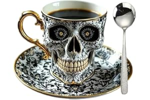 Frewac Royal Skull Coffee Mug, Ornate Gothic Porcelain Tea Cup with Saucer Set, Diabolical Bonehead Cup, Funny Gold Trim Halloween Gifts Ceramic Cup, Great for Coffee Lovers And Collector(#A)