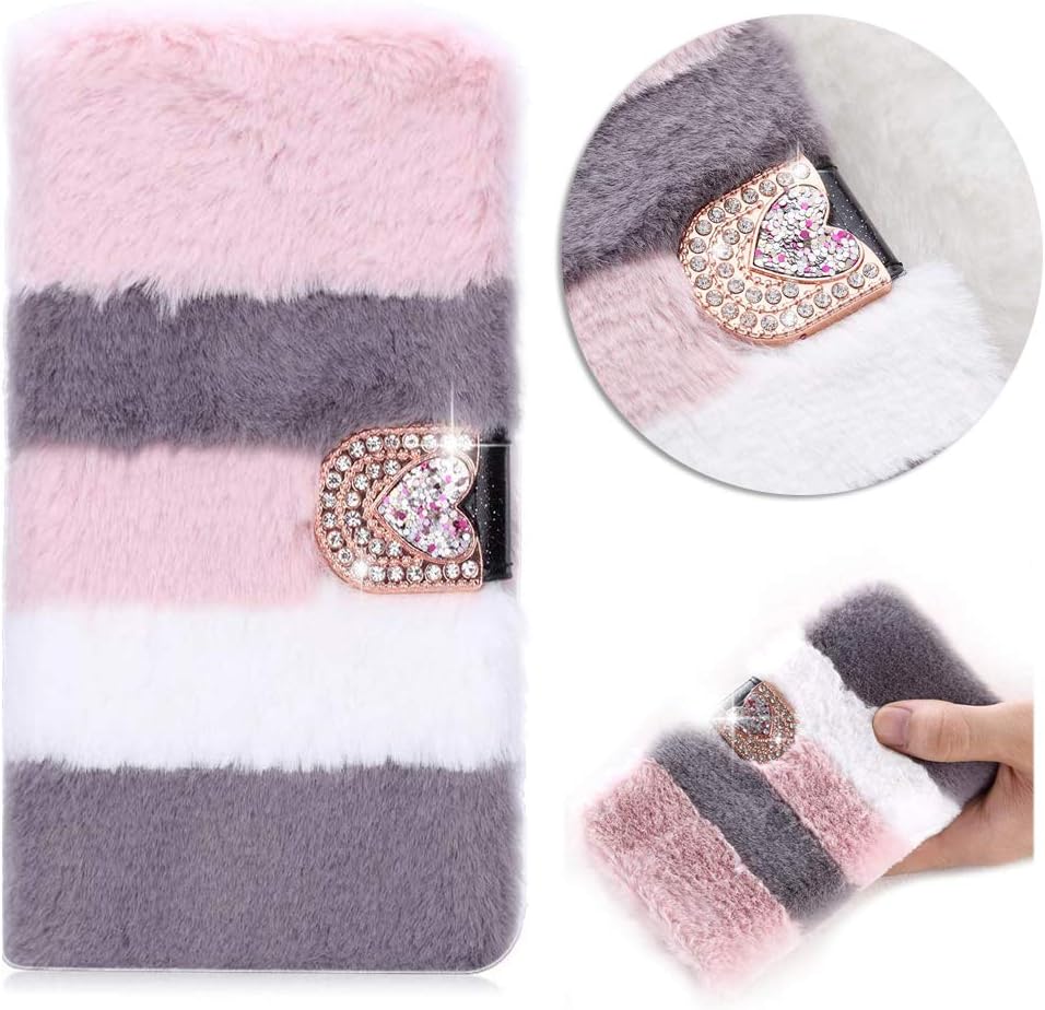 Awenroy Furry Wallet Case for Samsung Galaxy Note 8 Fluffy Handmade Hair Soft and Comfortable Plush Vogue Stylish and Bling Crystal Design Premium Leather Flip Wallet Case - Multicolor