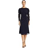 Maggy London Womens Women's Chevron Burnout Long Sleeve Midi Dress with Ruched Waist - Elegant A-line Cocktail Dress