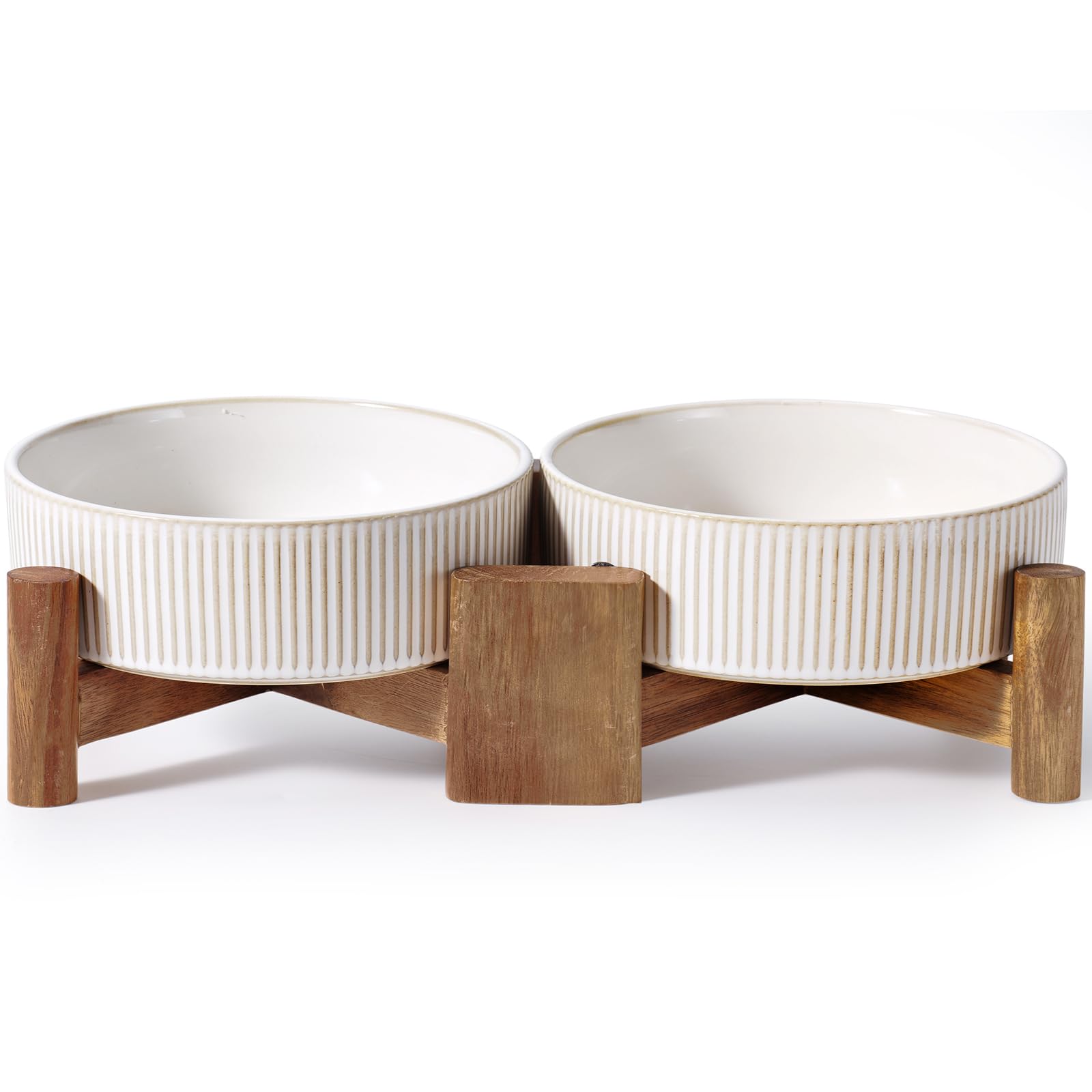 Photo 1 of **missing one bowl*** Getstar Elevated Ceramic Dog Cat Bowl Set - 1.8-Cup Raised Feeding Bowls with Non-Slip Wood Stand - Small Pet Dishes for Food and Water - Ideal for Cats and Puppies