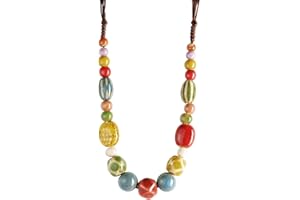 MINACHI Hippie Boho Colorful Ceramic Round Beads Strand Necklace, Bohemian Fashion Statement Jewelry Gift for Women