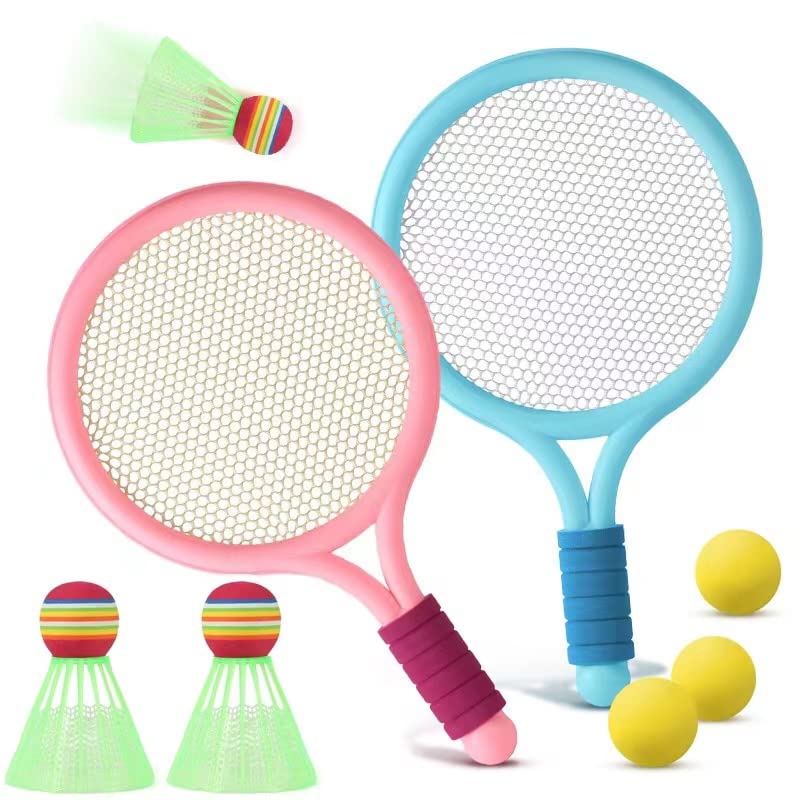 Kids Tennis Racquet Set Funny Tennis Racket with 2 Badminton Rackets and 3 Shuttlecocks(Over 3 Years Old) for Indoor Outdoor Backyards Lawn Beach Sports Game，Multicoloured