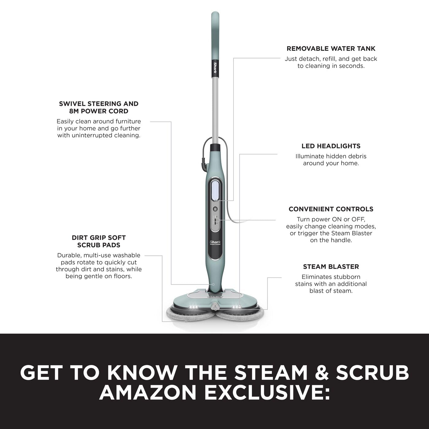 Shark Steam Mop, Automatic Steam and Scrub Steam Mop with Steam Blaster & 6 Dirt Grip Pads, 3 Steam Settings, Stain & Dirt Removal, For all Sealed Hard Floors, 8m Cord, Sage Green, S8201UKCP