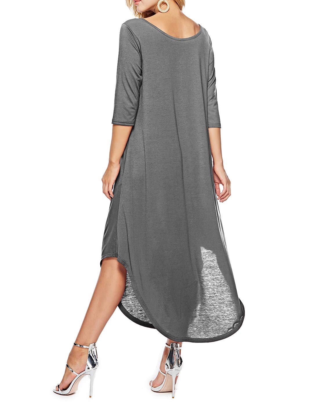 Womens Dresses Round Neck 3/4 Sleeve Side Split Loose Casual Long Maxi Dress with Pockets Grey XL