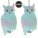 Reflective Owl Decoy & Bird Repellent - Double-Sided 16” Flashy Scarecrow Bird Deterrent & Wood Pecker Deterrents with Tinkling Bells (2-Pack)
