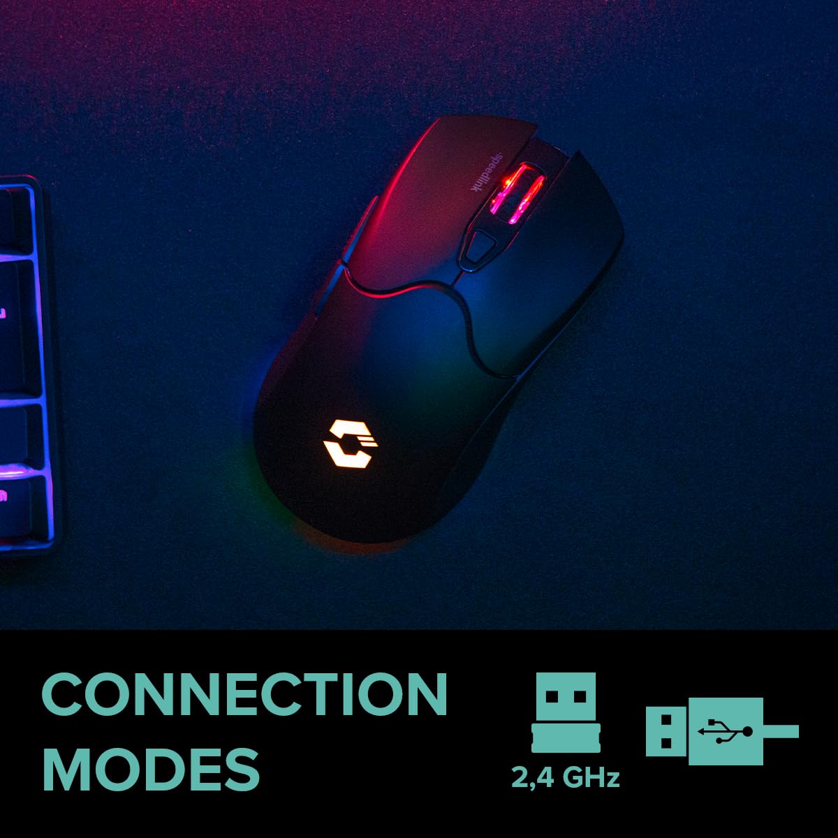 Speedlink Velox - Wireless RGB Gaming Maus kabellos mit Akku wiederaufladbar USB-C, 4800dpi, programmierbar, leicht, PixArt PAW3212, 2.4G USB-A Nano Empfänger, farbige LED Beleuchtung, schwarz 8