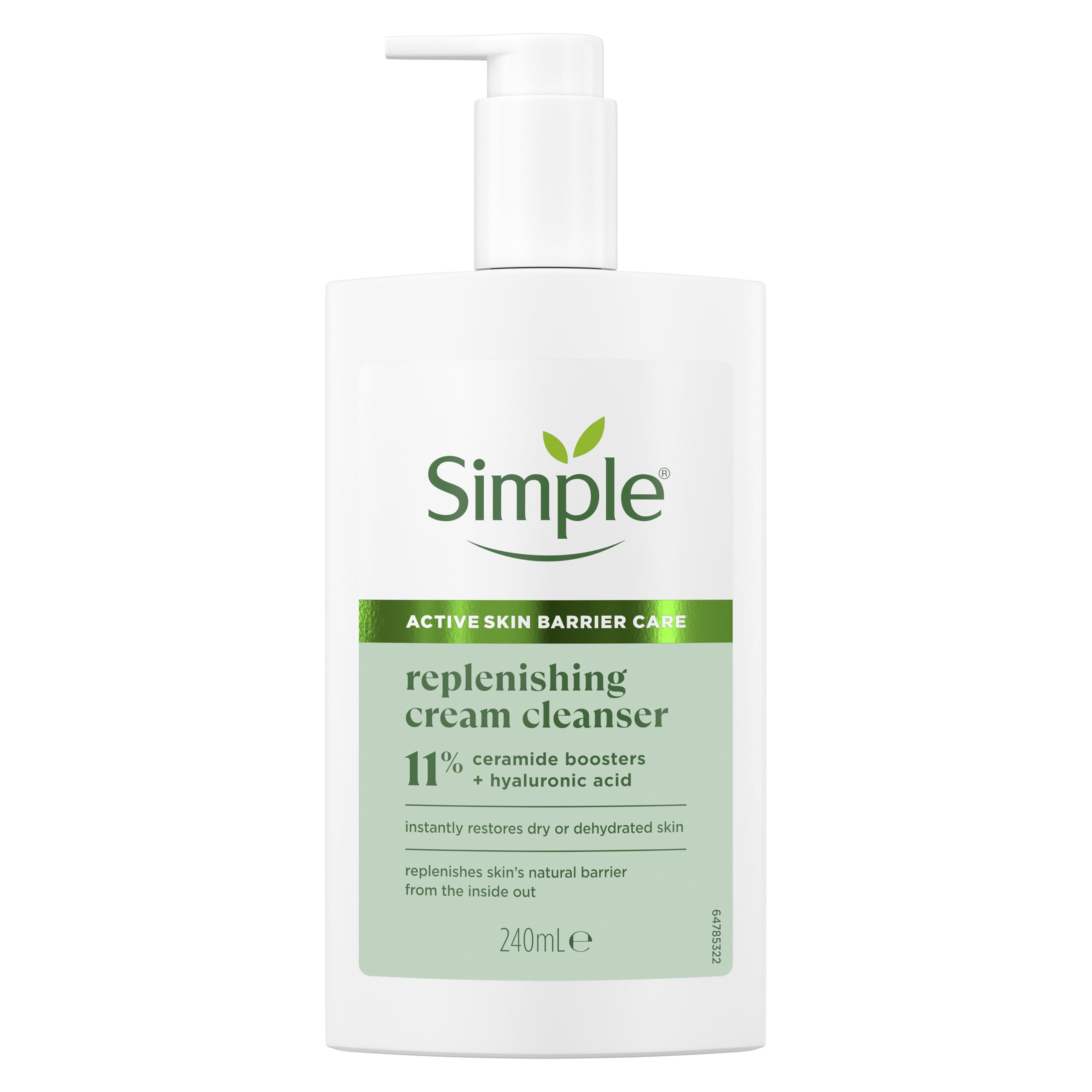 Simple Replenishing Cream Cleanser – Gentle Face Wash with Pro-Ceramides & Hyaluronic Acid – Restores Dry, Dehydrated Skin & Strengthens Skin Barrier – 240ml
