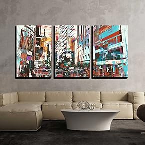 Illustration Abstract Art of Cityscape Illustration Painting x3 Panels