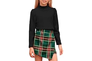rrhss Girls 2 Piece Christmas Outfit Long Sleeve Ribbed Turtleneck Tops and Plaid Skorts Skirt Sets