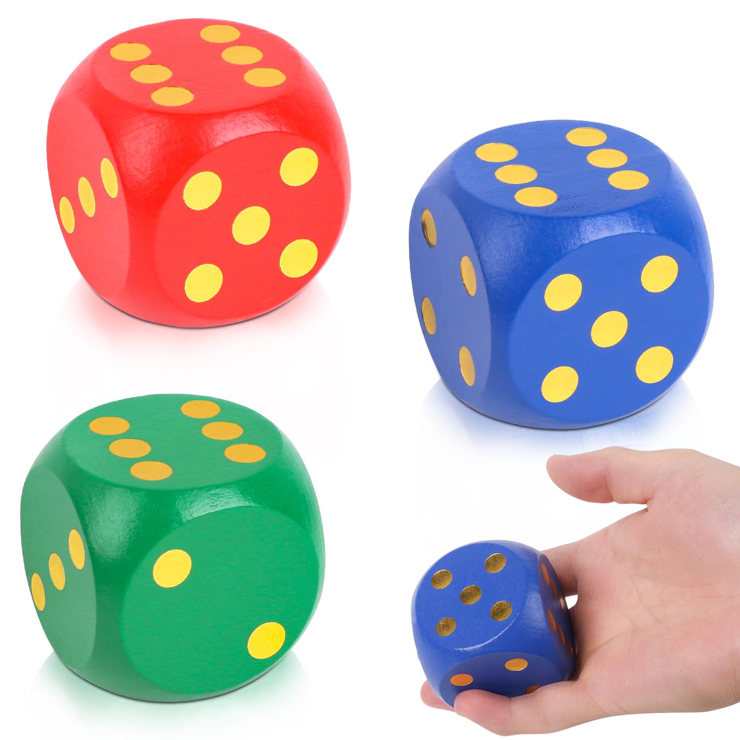 Fzyisw 3Pcs 5CM Large Colorful Dice, Round Edge Wooden Big Dice - Perfect for Family Games, School Games, Educational Toys (Red, Green, Blue)