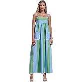 Women's Striped Long Dress Ruched Lace Trim Spaghetti Strap Front Pocket Maxi Dress Summer Flowy Beach Dresses