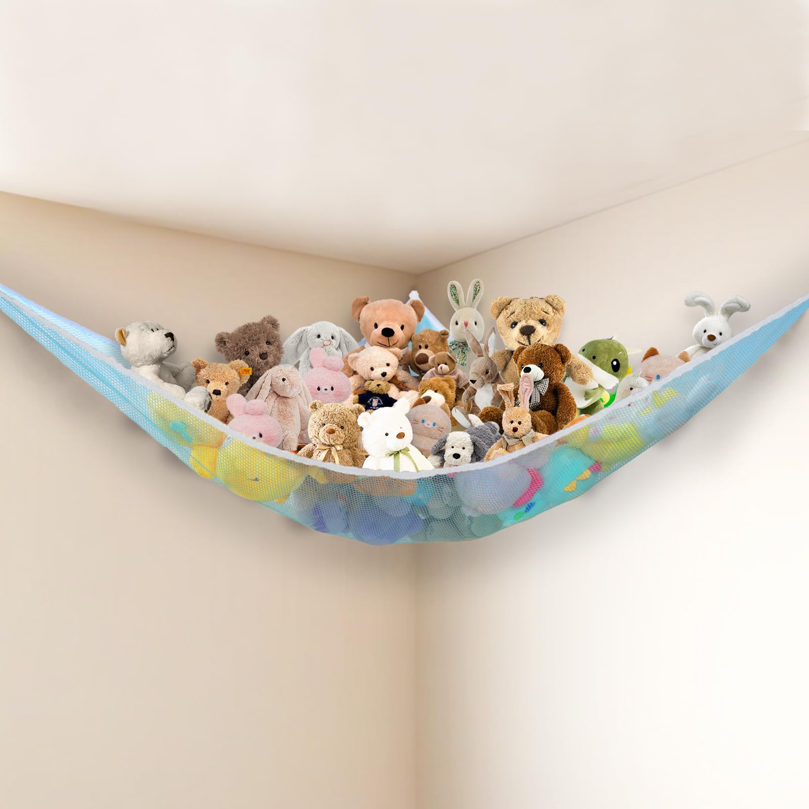 Powkoo Stuffed Animal Net Hammock Corner Large Toy Storage Organizer Holder Plushies Stuffy Storage Hammock for Kids Baby Nursery Bedroom Playroom Home Wall Room Decor (Blue)