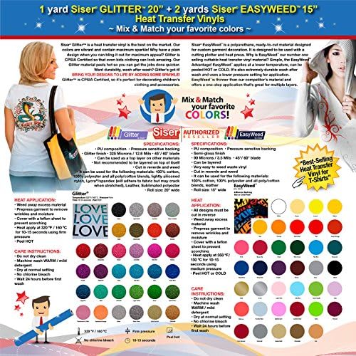 GERCUTTER Store: 1 yard SISER GLITTER + 2 yards SISER EASYWEED Heat Transfer Vinyls on Cotton or Polyester Mesh and Poly-blend Fabrics (Mix & Match your favorite colors)