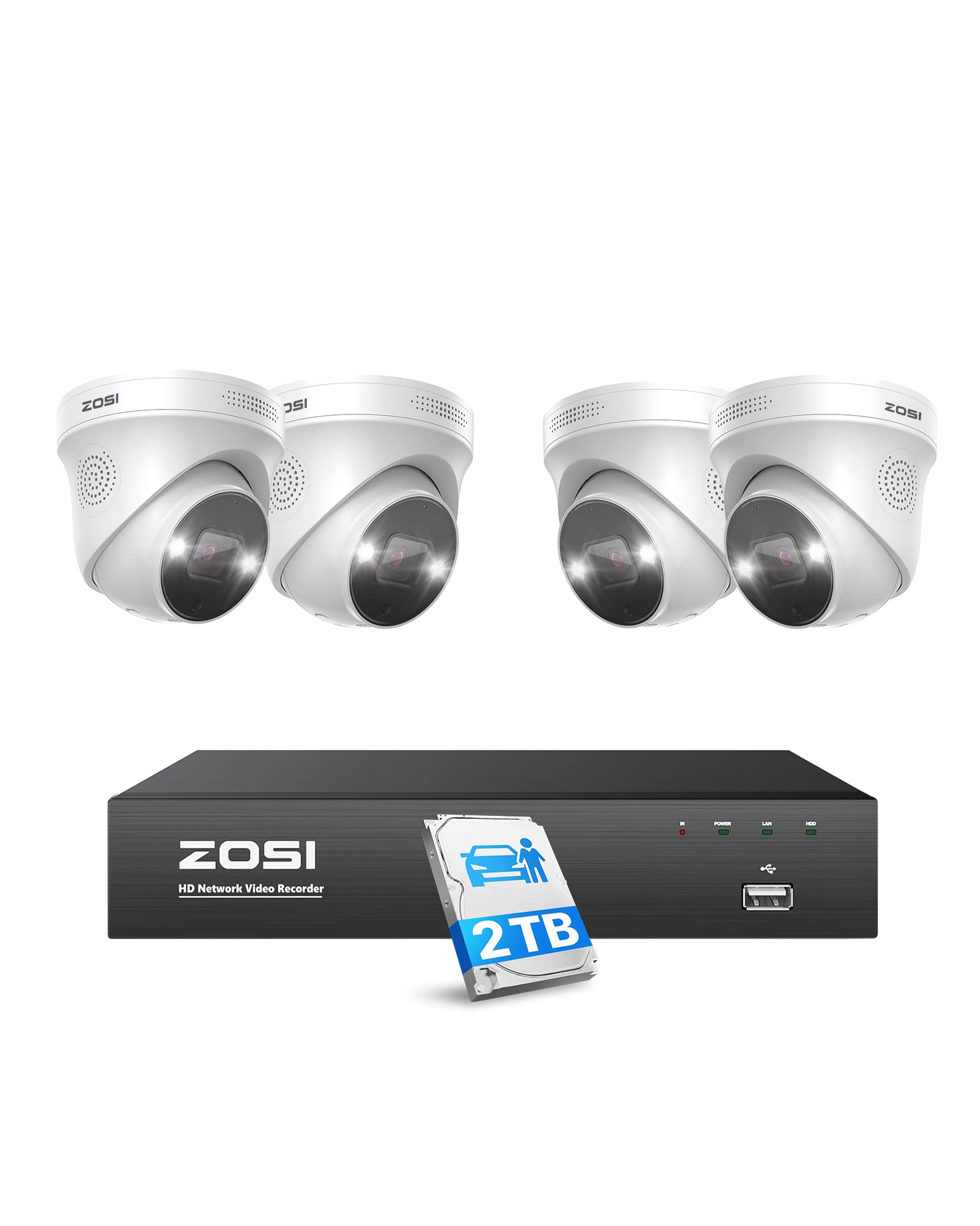ZOSI 4K PoE CCTV Camera System with Person Vehicle Detection, 8-Port 16CH 4K NVR with 2TB HDD, 4x5MP Outdoor Indoor PoE Security Cameras, Color Night Vision, 30fps, 2 Way Audio, Sound Light Siren