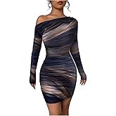 RoseSeek Women's Off Shoulder Ombre Tie Dye Bodycon Dress Long Sleeve Slim Fit Pencil Mini Dresses